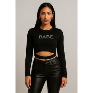 Love J Babe Rhinestone Cutout Long Sleeve Black Crop Top Size Large